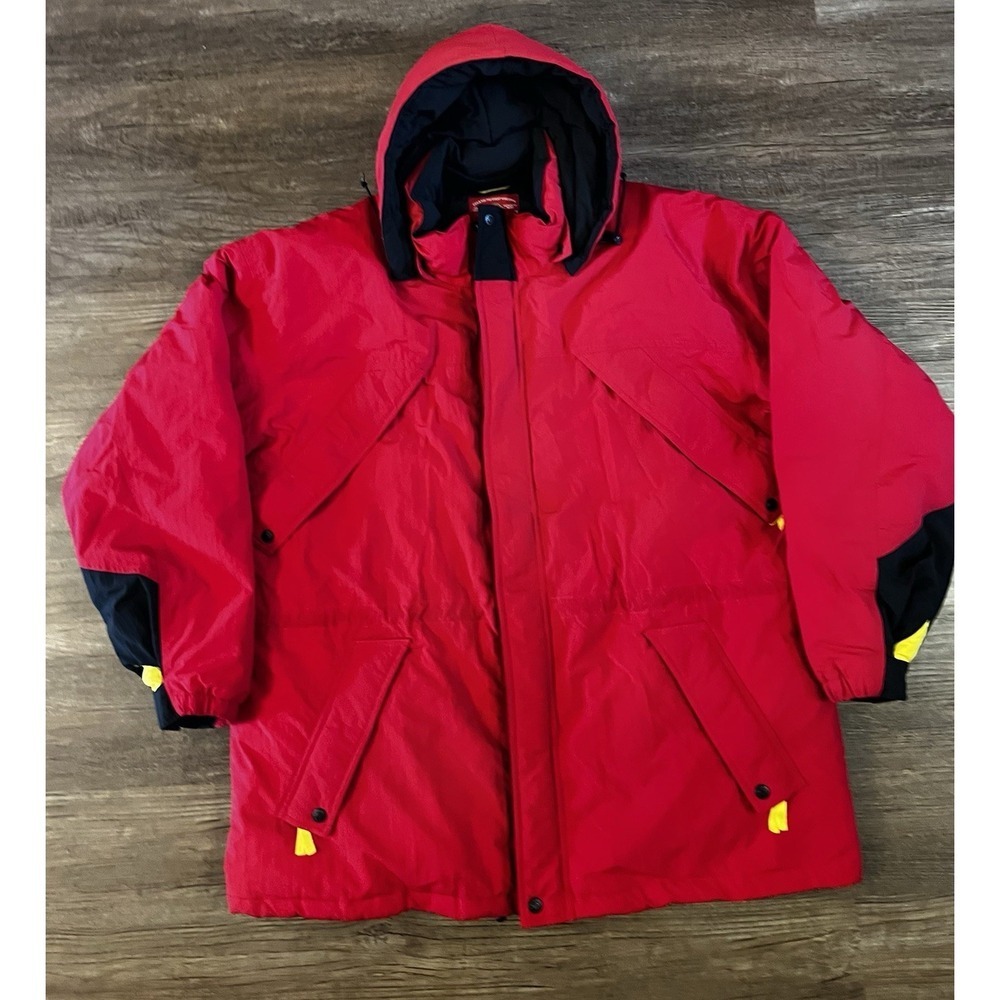 Marlboro Country Store Red Down Puffer Jacket Mens XL Parka With Hood vintage